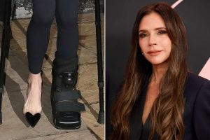 Victoria Beckham is seen leaving a restaurant in Notting Hill, pairing a stylish Coeur pump with a medical boot on her other foot after a recent gym injury. Photo: Click News and Media / BACKGRID; Frazer Harrison/Getty, via People magazine.