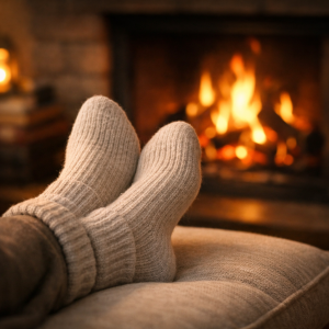 Two feet wearing cozy neutral-colored socks resting on an ottoman in front of a warm fireplace, creating a relaxing winter atmosphere focused on comfort and foot warmth.