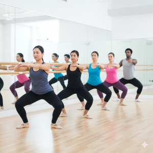 A group of five adults doing a ballet barre workout in a studio