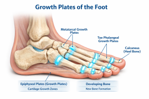 Growth plates (epiphyseal plates) in a child’s foot