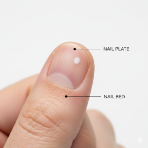fingernail showing a small white spot (leukonychia) on the nail plate