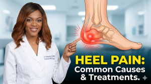 Dr. Eji Shobowale, DPM, pointing to a medical diagram of the foot to explain the common causes and anatomical sources of chronic heel pain.