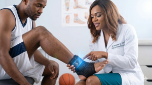 Professional podiatrist Dr. Eji Shobowale examining a basketball player's ankle while he wears a high-performance lace-up ankle brace in a clinic setting.