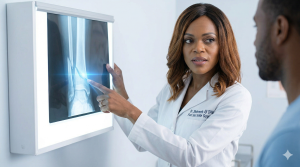 Dr. Eji Shobowale, DPM, explains the critical concepts of bone fracture displacement and nonunion using a detailed anatomical model at her clinic.