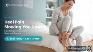 Woman holding her heel in pain while sitting on a bed — DeNiel Foot & Ankle Center heel pain care.