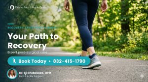Person walking confidently on a wooded path in supportive athletic shoes after foot surgery recovery — DeNiel Foot & Ankle Center.