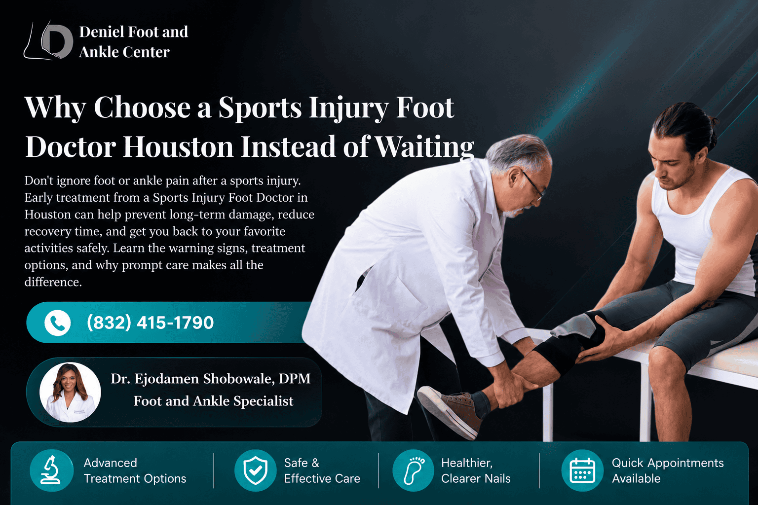Sports Injury Foot Doctor Houston examining an athlete with a knee injury at Deniel Foot and Ankle Center.