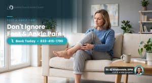 Woman with foot pain sitting on sofa at DeNiel Foot & Ankle Center.