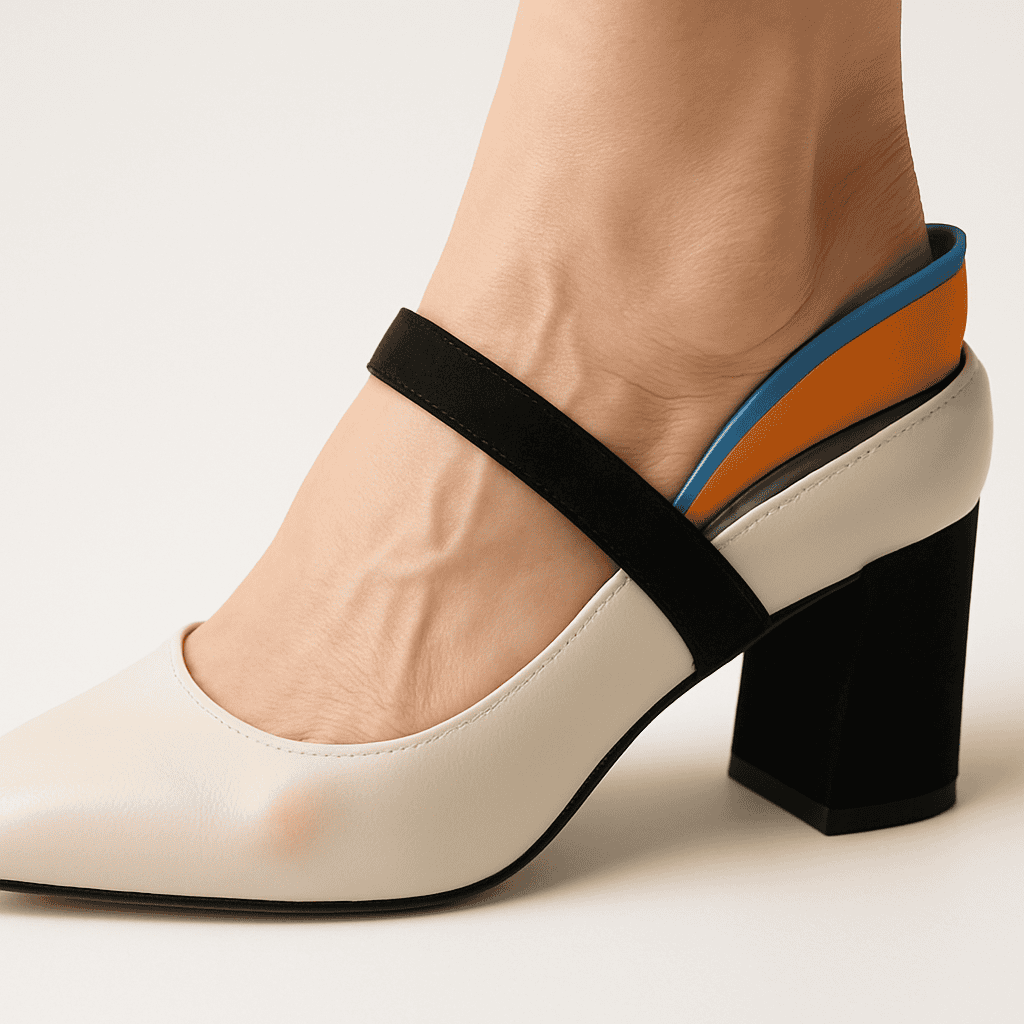 Celebrity with bunions wearing stylish shoes and orthotic device.