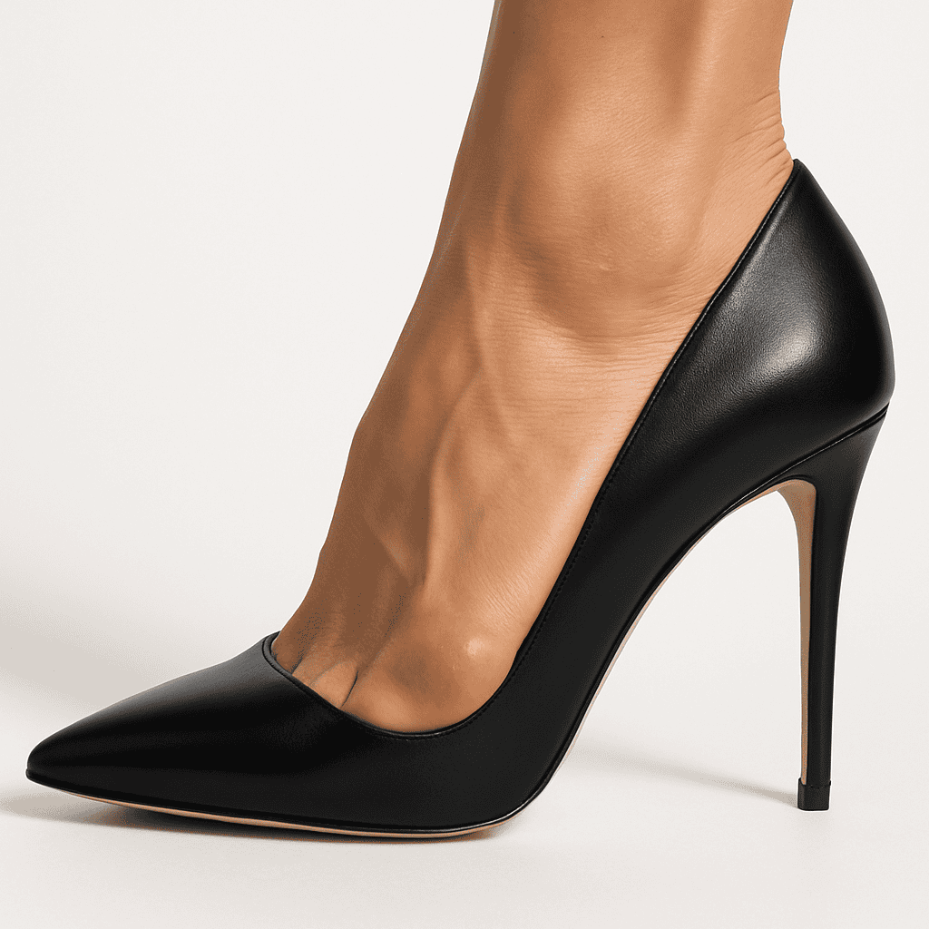 Celebrity wearing stylish high heels with bunions visible on toes.