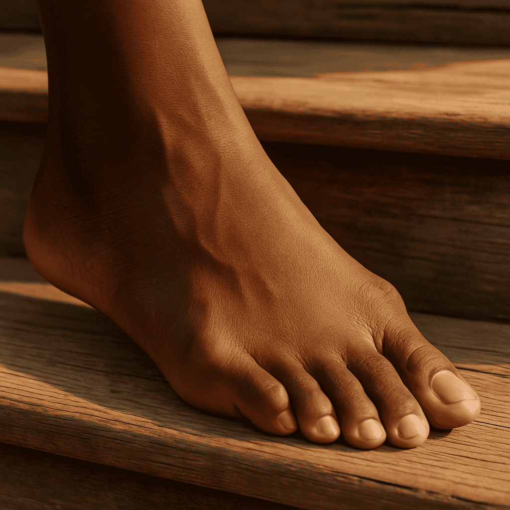A person seated barefoot on outdoor steps, with bunions visible on both fee