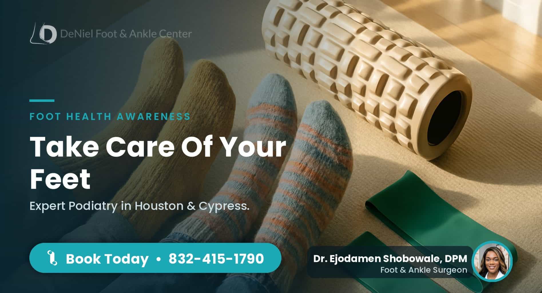 Overhead view of feet in cozy socks, emphasizing foot health.