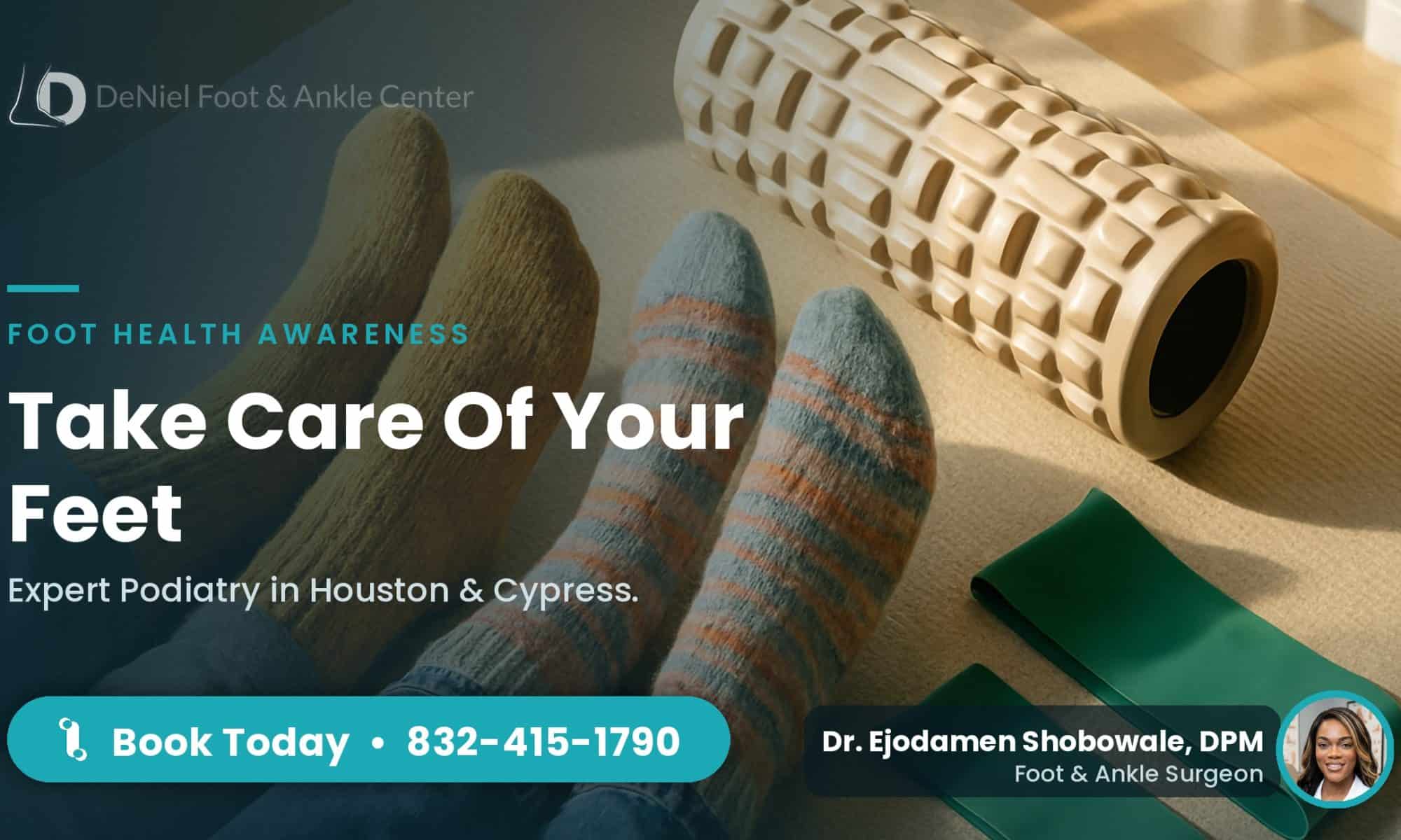 Overhead view of feet in cozy socks, emphasizing foot health.