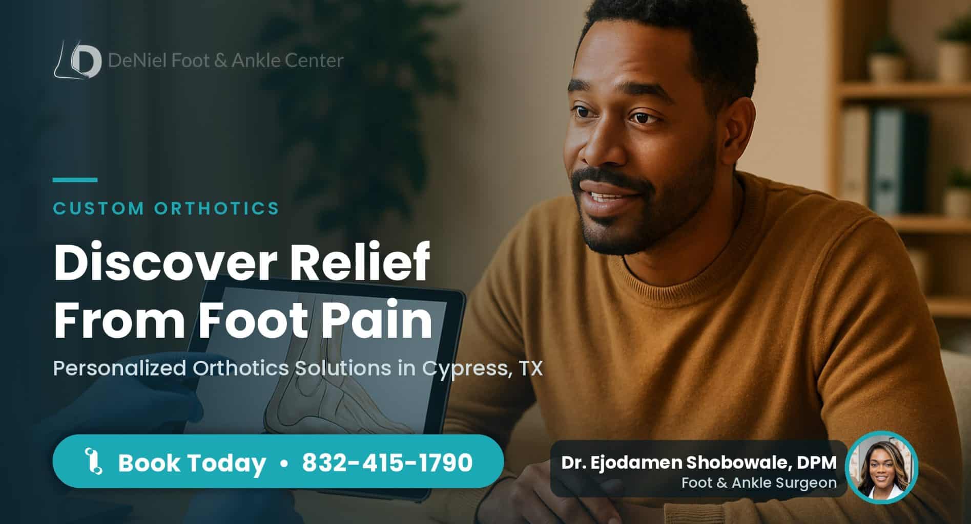 Patient discussing custom orthotics for foot pain in Cypress TX.