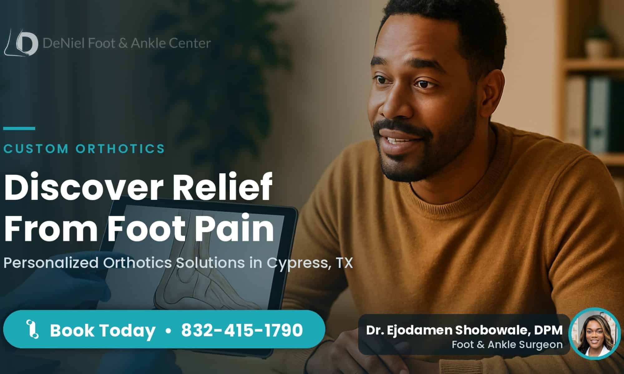 Patient discussing custom orthotics for foot pain in Cypress TX.