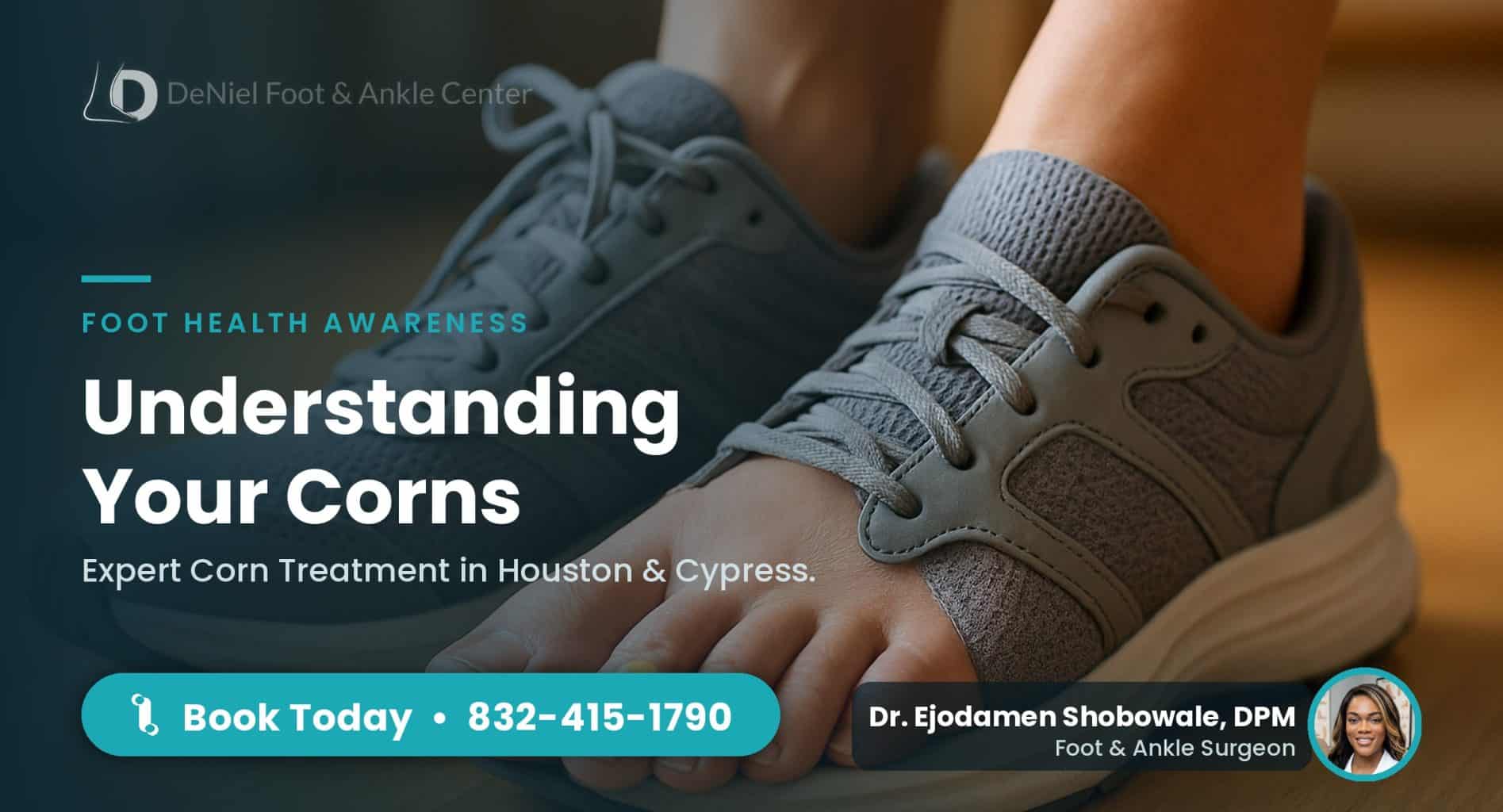 Close-up of patient feet with corns in supportive shoes.