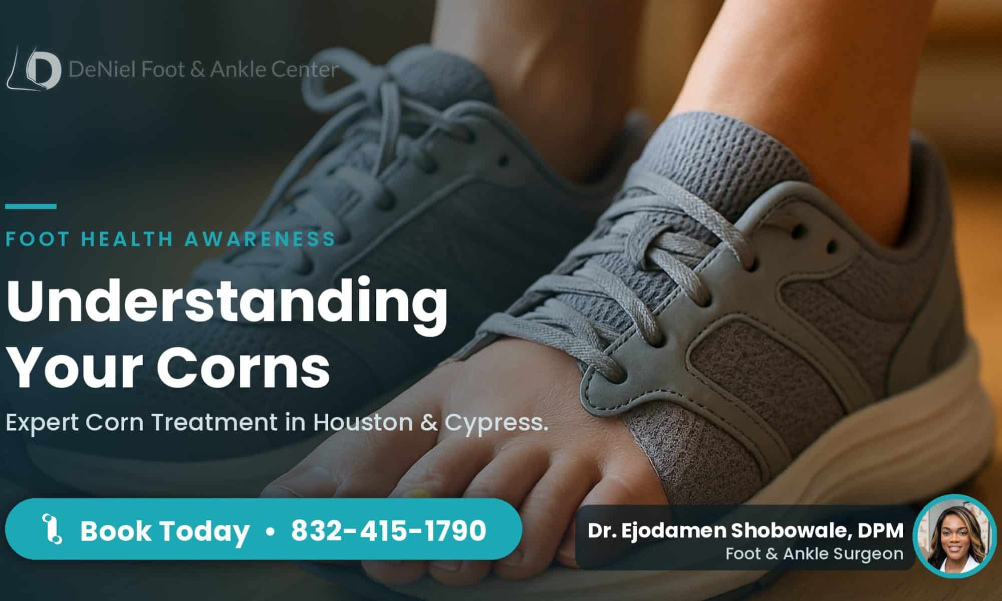 Close-up of patient feet with corns in supportive shoes.