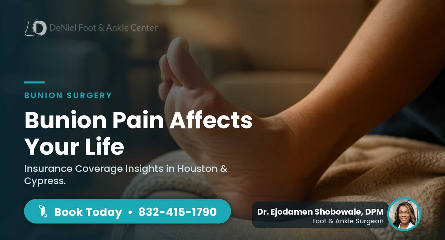 Bunion on patient's foot resting at home, insurance coverage discussed.