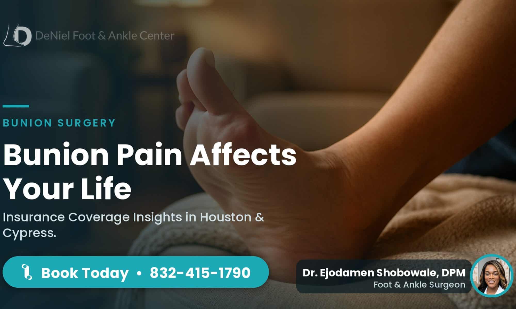 Bunion on patient's foot resting at home, insurance coverage discussed.