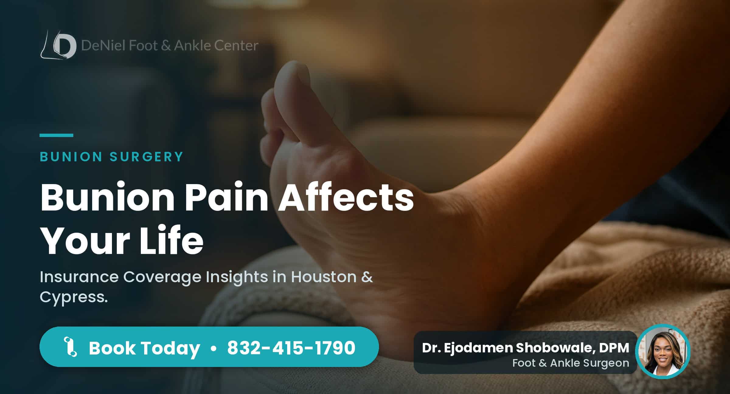 Bunion on patient's foot resting at home, insurance coverage discussed.