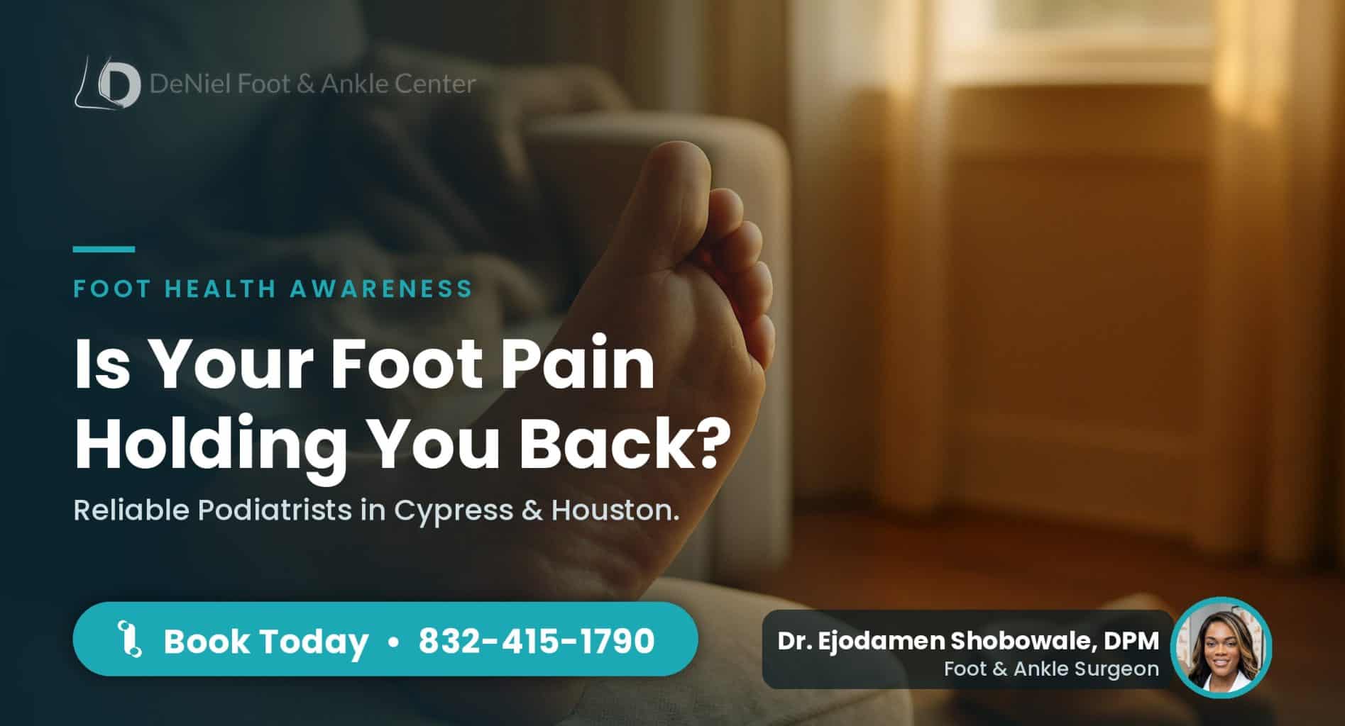 Bare foot resting on ottoman, indicating need for a foot doctor in Cypress.