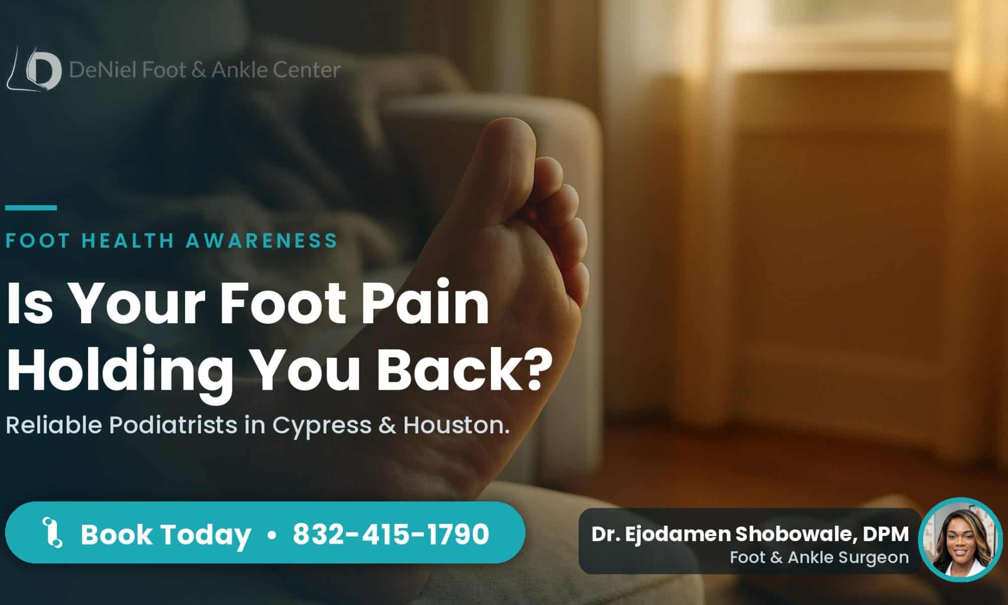 Bare foot resting on ottoman, indicating need for a foot doctor in Cypress.