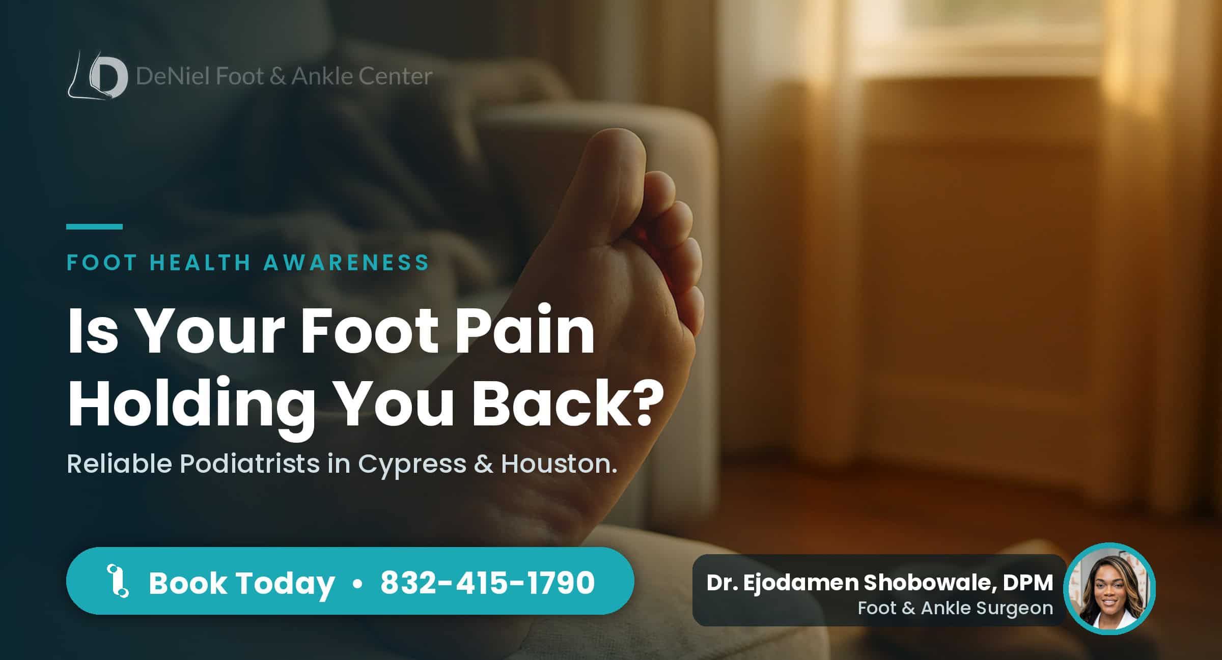 Bare foot resting on ottoman, indicating need for a foot doctor in Cypress.