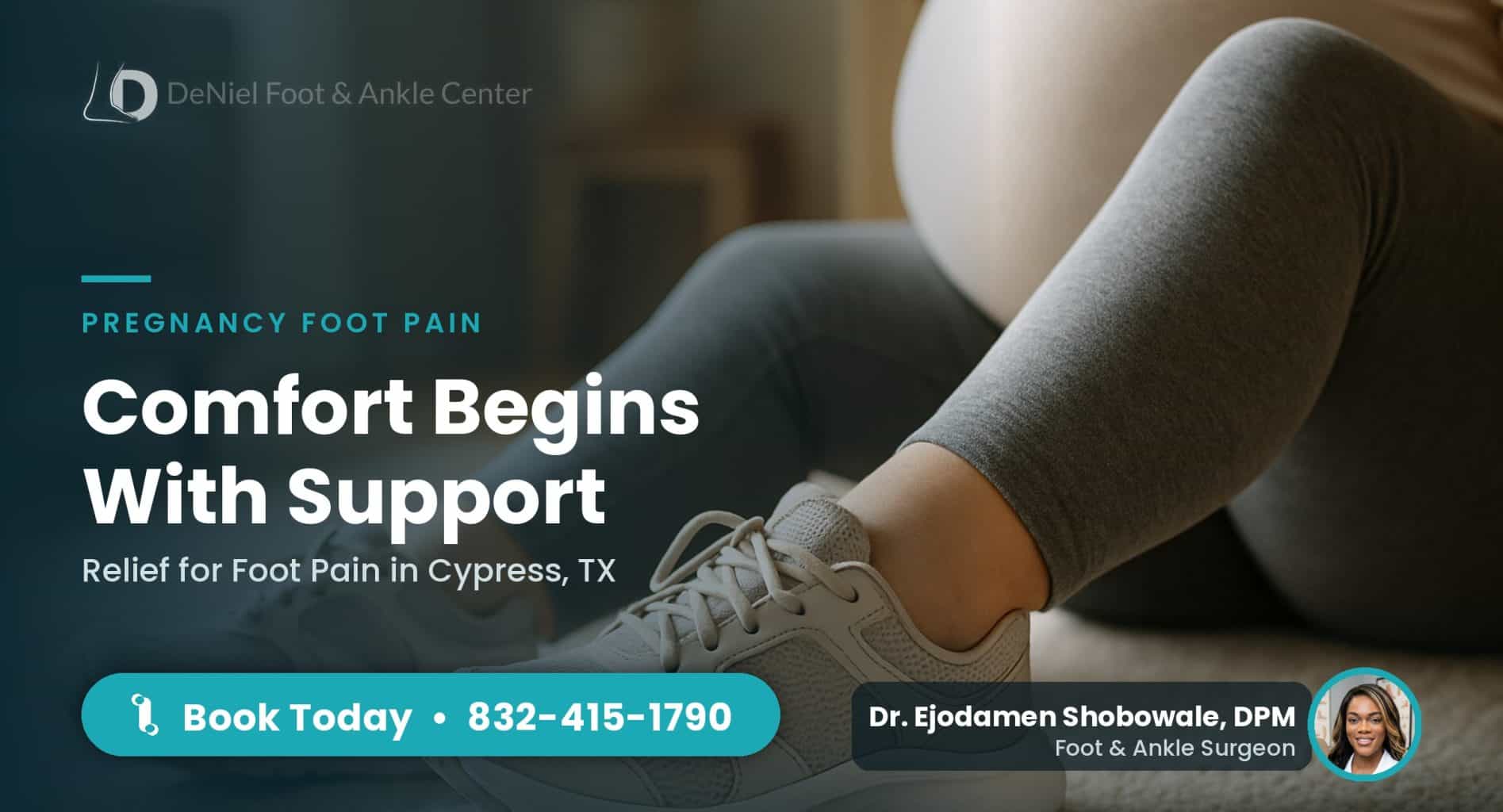 Pregnant woman’s feet in supportive shoes showcasing foot pain during pregnancy.