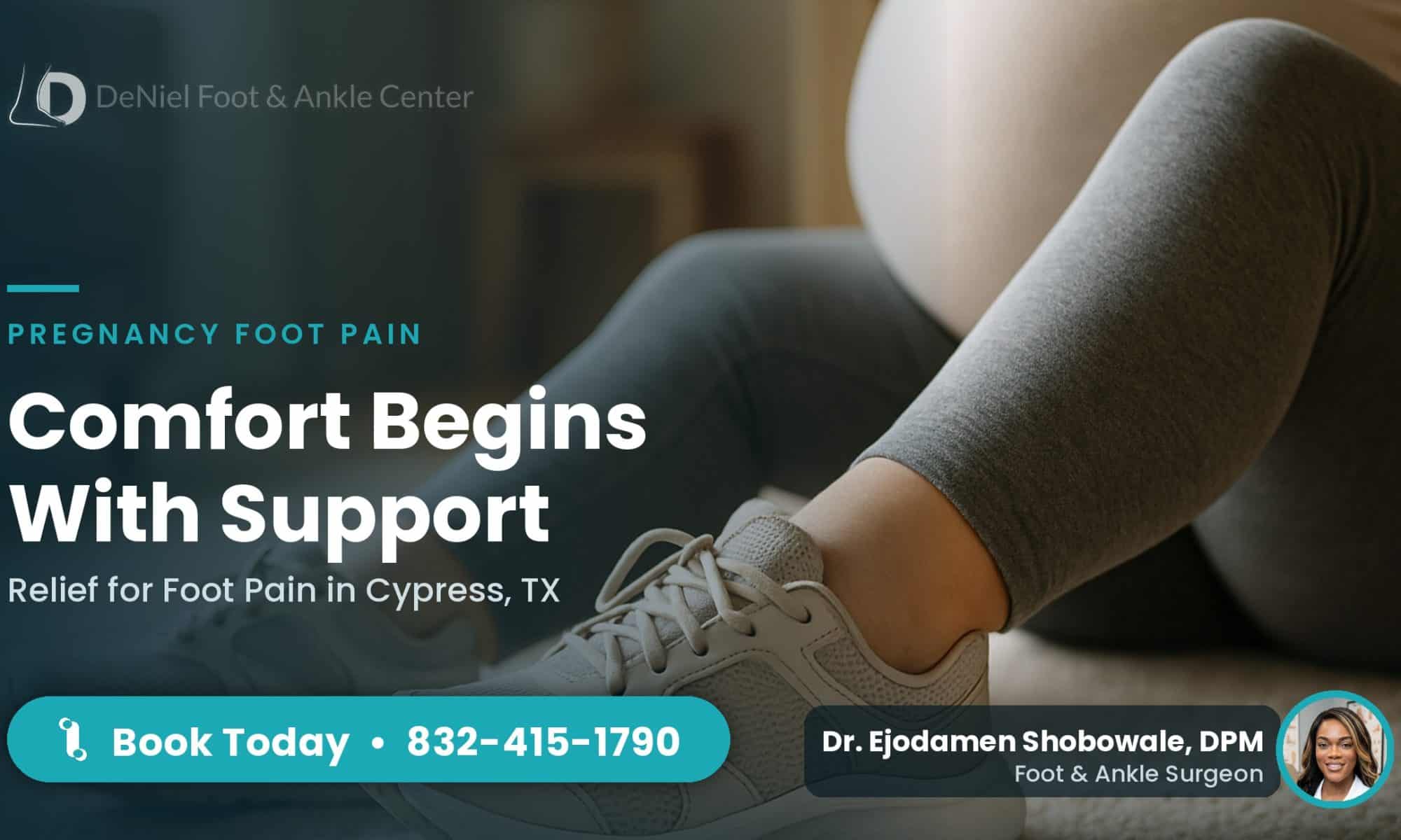 Pregnant woman’s feet in supportive shoes showcasing foot pain during pregnancy.