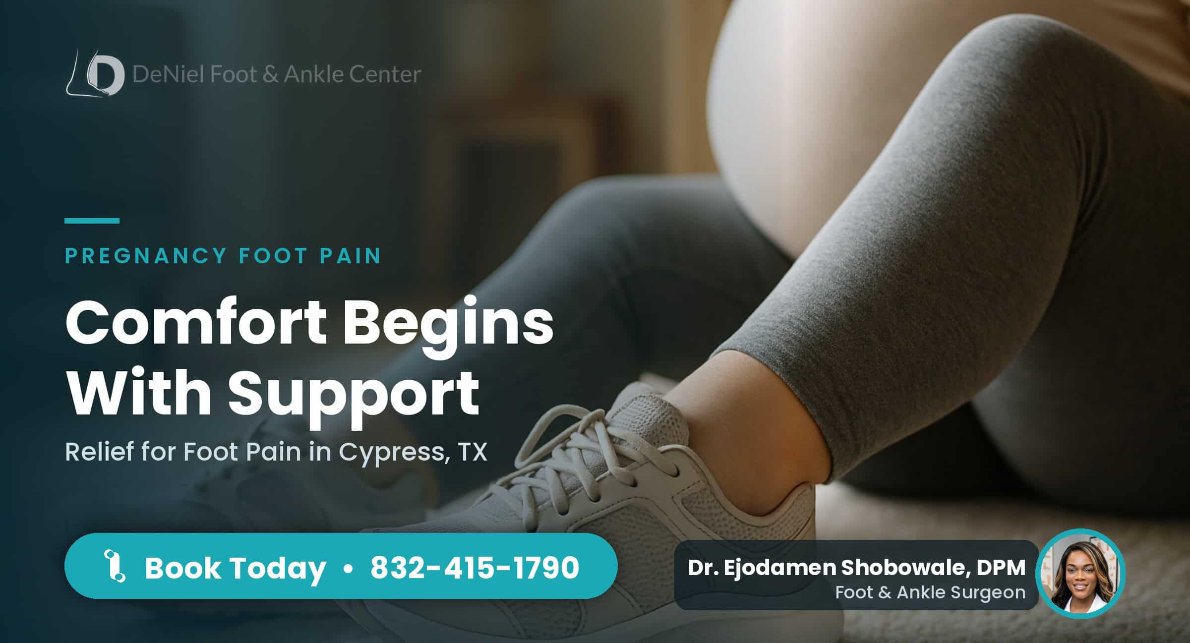 Pregnant woman’s feet in supportive shoes showcasing foot pain during pregnancy.