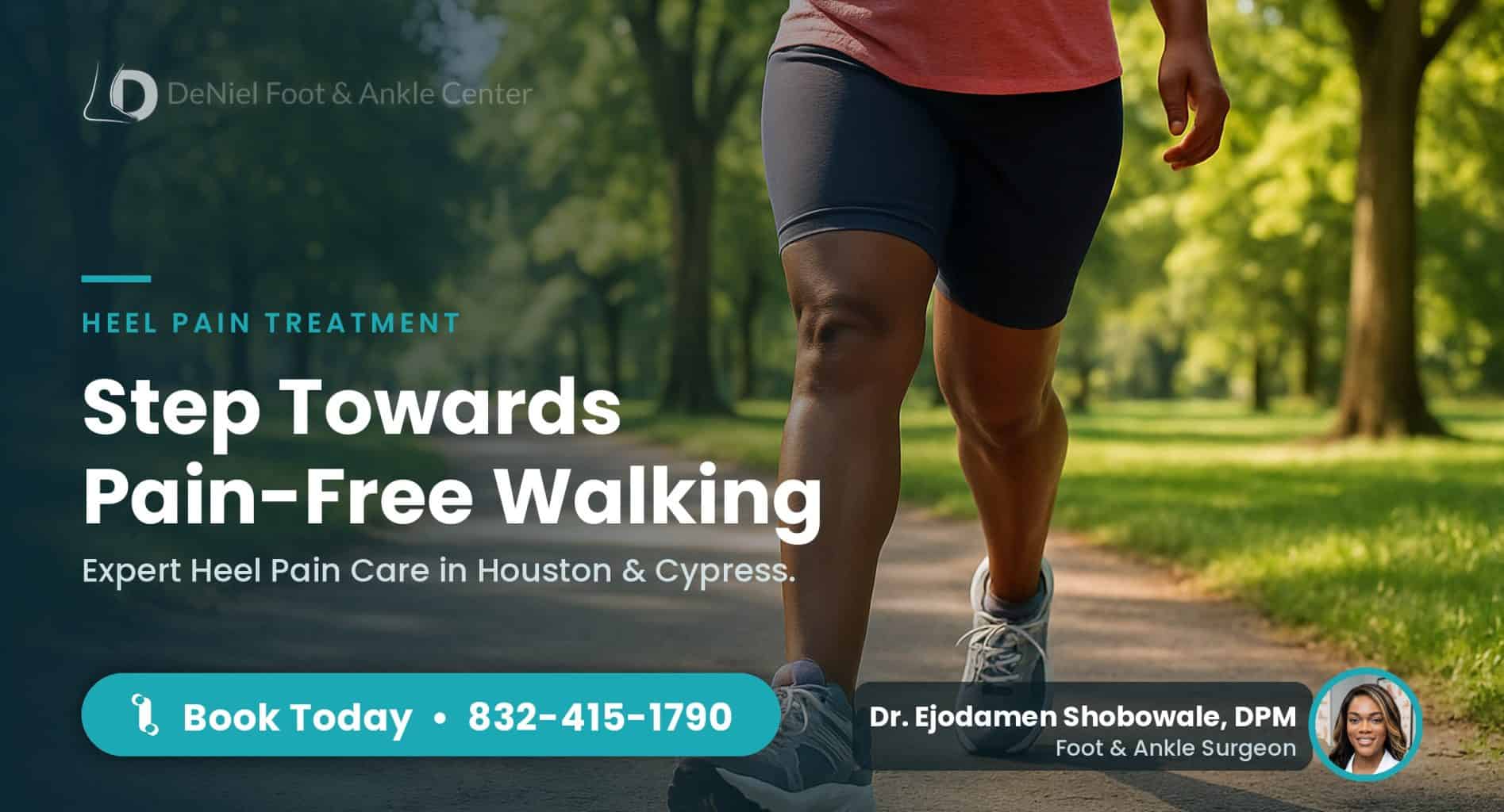 Patient walking outdoors to highlight heel pain treatment in Houston.