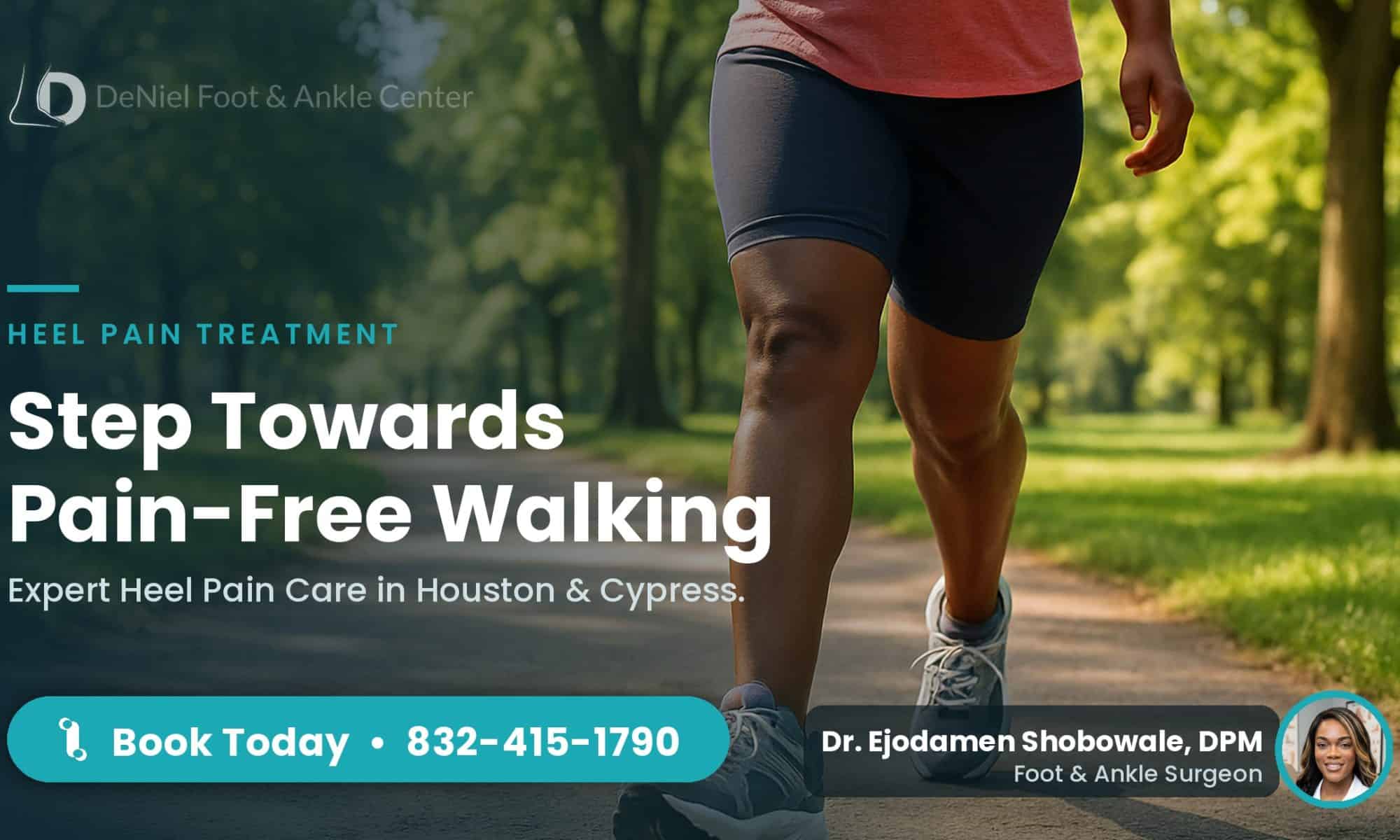 Patient walking outdoors to highlight heel pain treatment in Houston.
