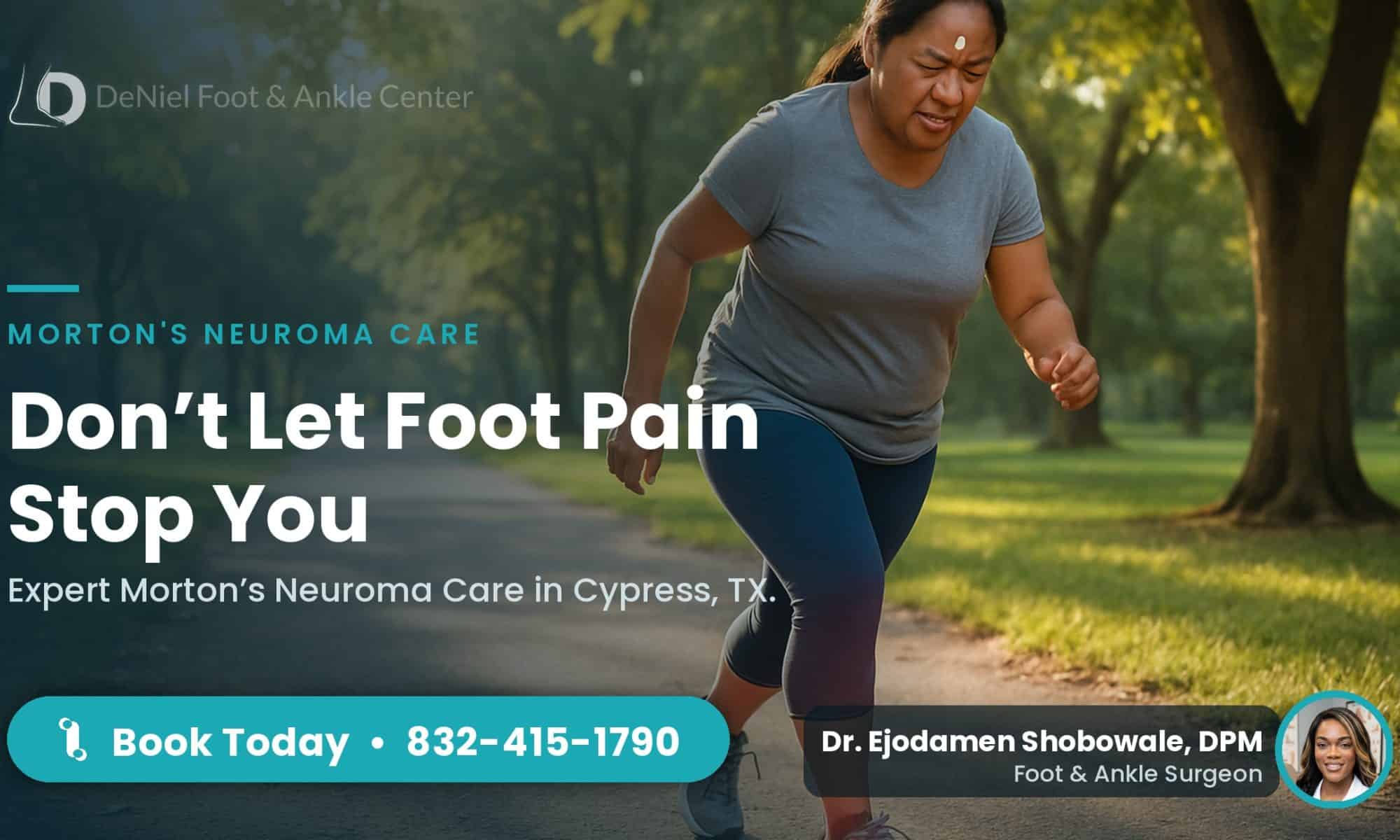 Patient walking outdoors with Morton's neuroma symptoms.