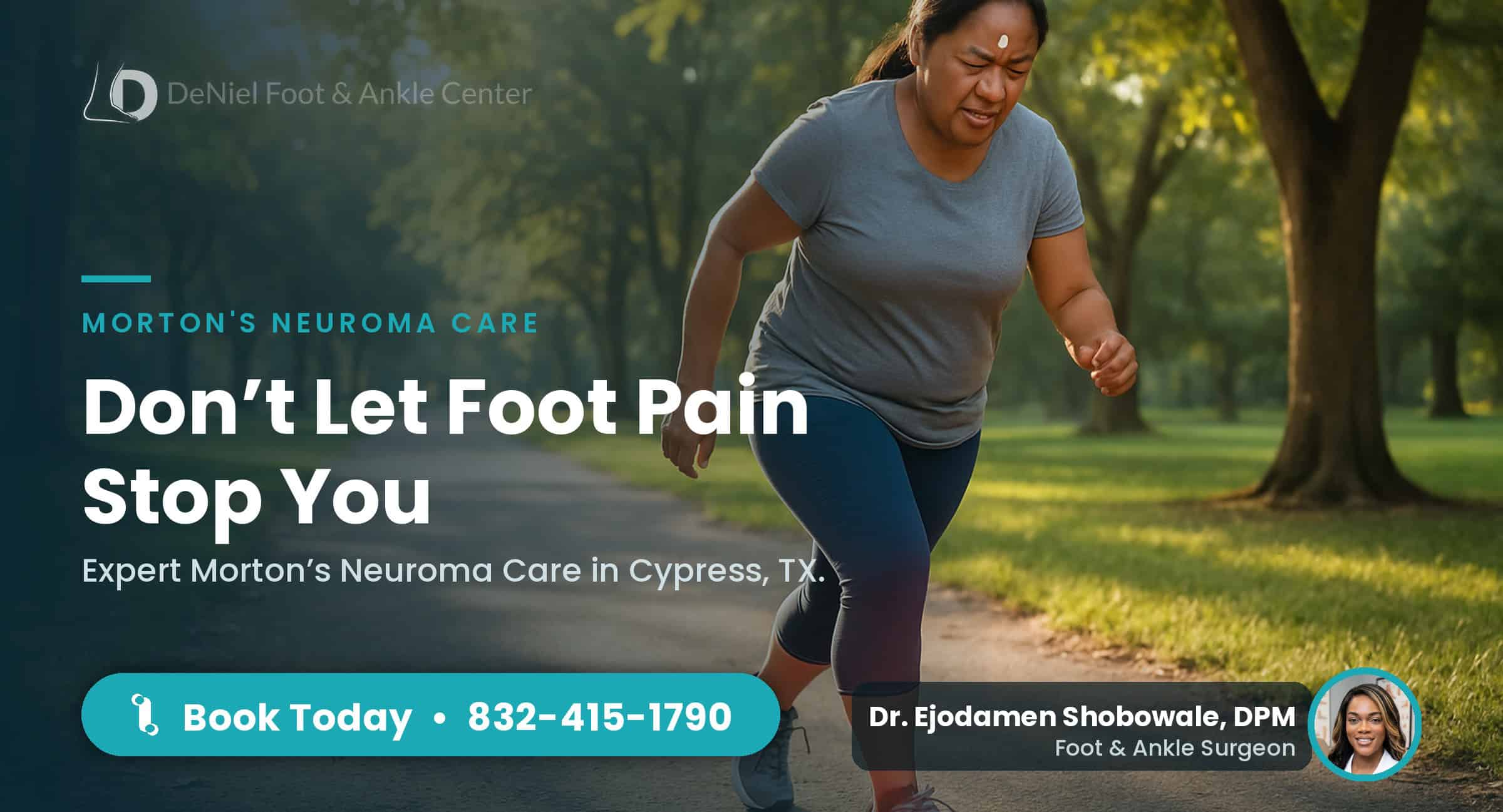 Patient walking outdoors with Morton's neuroma symptoms.