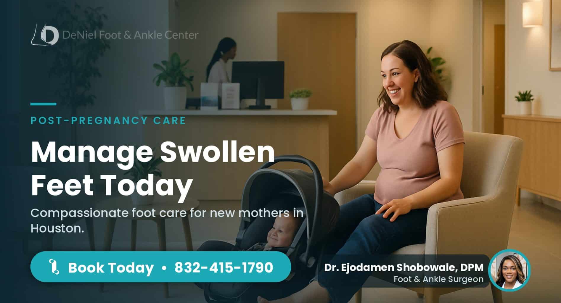 New mother in waiting area experiencing swollen feet after pregnancy.