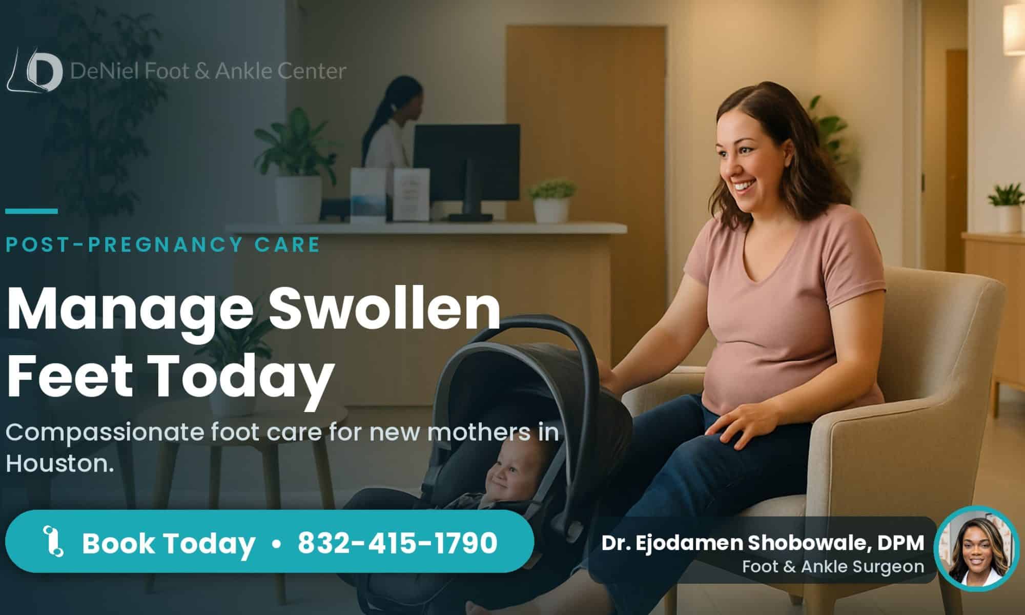 New mother in waiting area experiencing swollen feet after pregnancy.