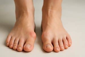 Bare feet showing a bunion, a bony bump at the base of the big toe.
