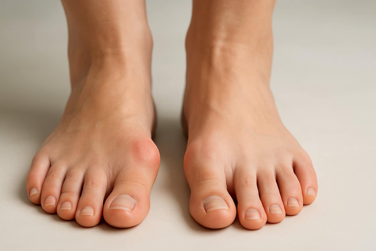 Bare feet showing a bunion, a bony bump at the base of the big toe.