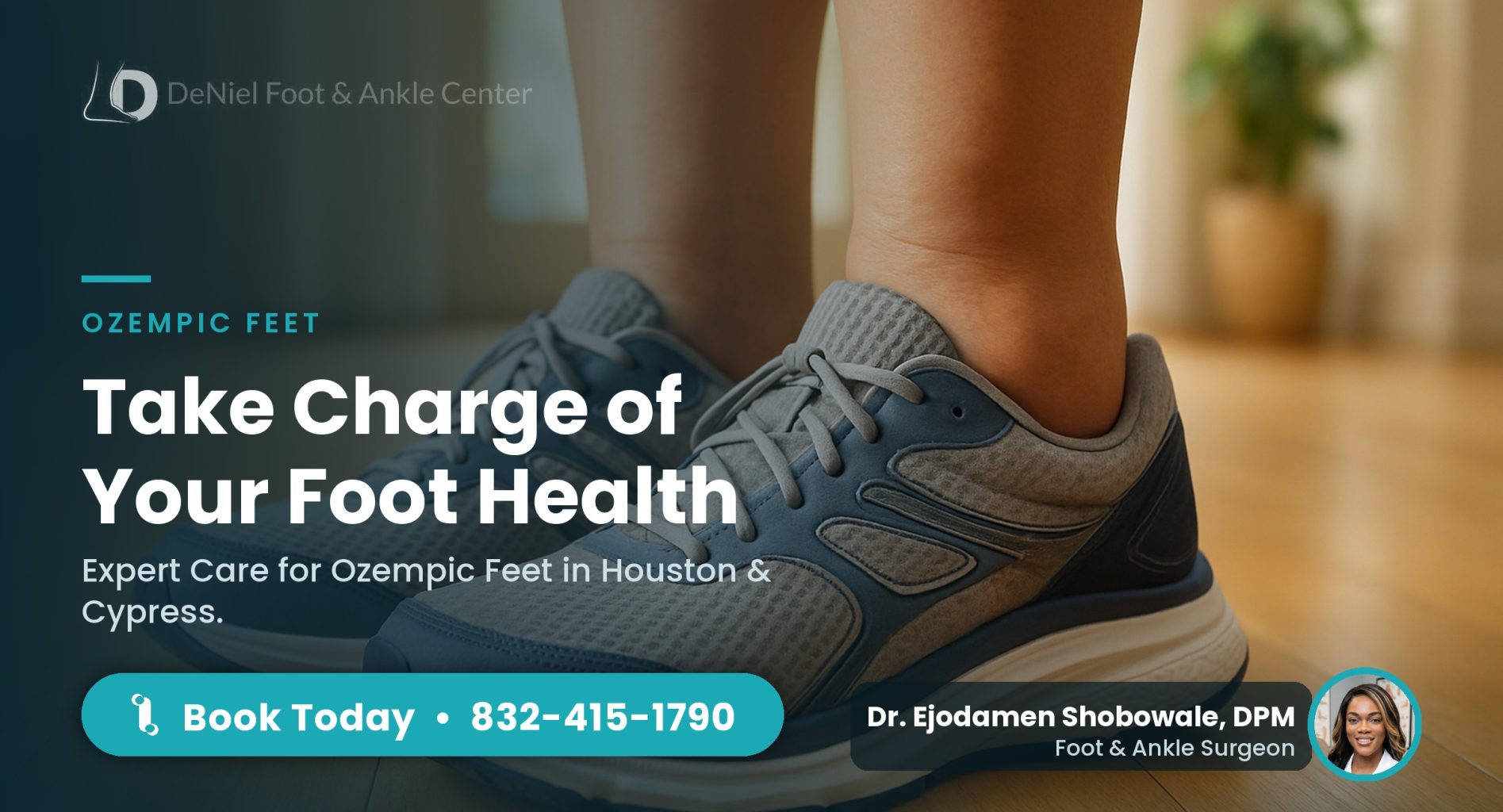 Patient's feet in supportive shoes highlighting symptoms of Ozempic feet.