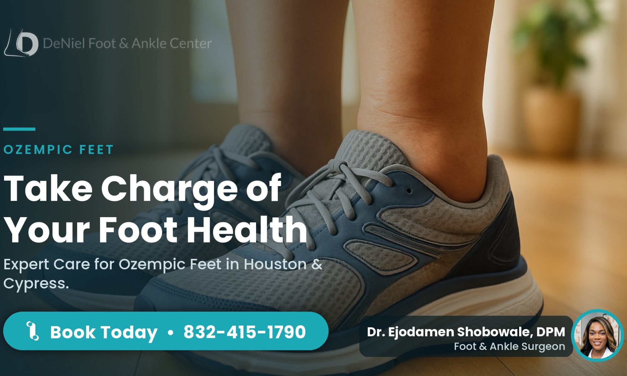 Patient's feet in supportive shoes highlighting symptoms of Ozempic feet.