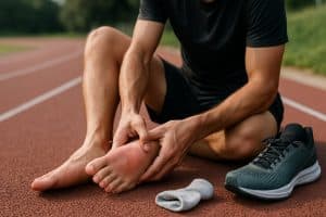 Runner holding a swollen forefoot after a possible stress fracture.